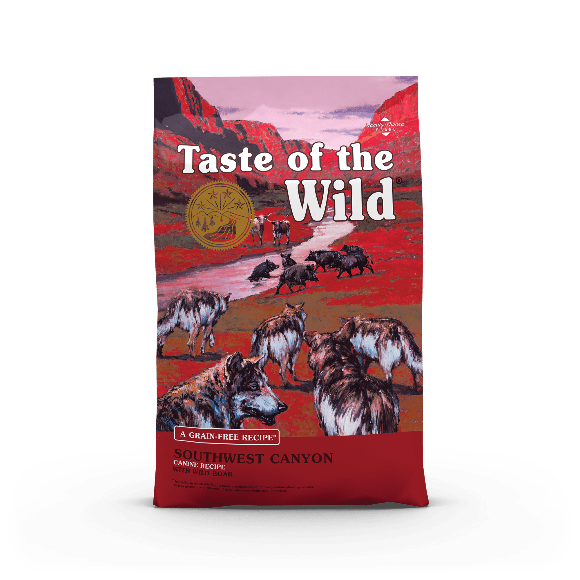 A bag of Taste of the Wild Southwest Canyon dog food featuring a landscape illustration.