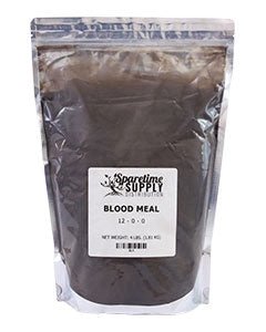 A four-pound bag of Sparetime Supply blood meal fertilizer with a 12-0-0 NPK ratio.