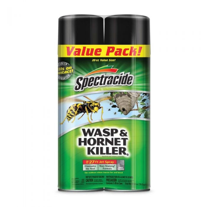A twin pack of Spectracide Wasp and Hornet Killer aerosol cans.