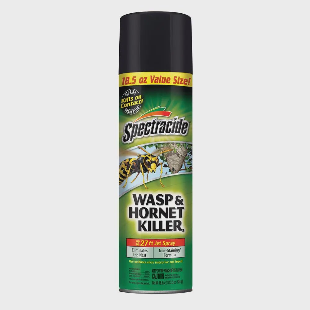 An 18.5-ounce aerosol can of Spectracide Wasp and Hornet Killer with a jet spray nozzle.