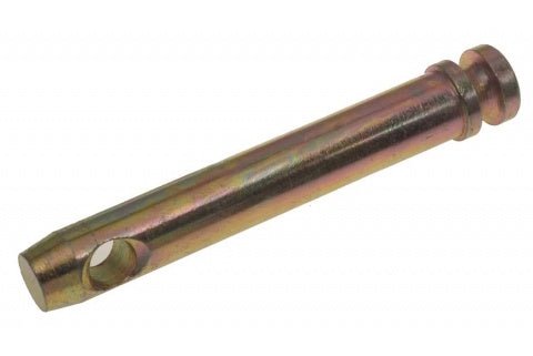 A yellow zinc plated SpeeCo category 2 top link pin with a hole at one end.