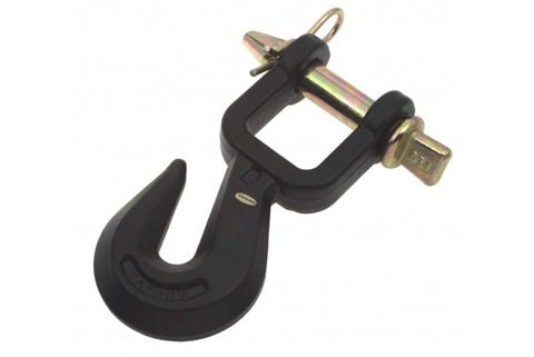 A black SpeeCo drawbar grab hook with a metal pin and retaining clip.
