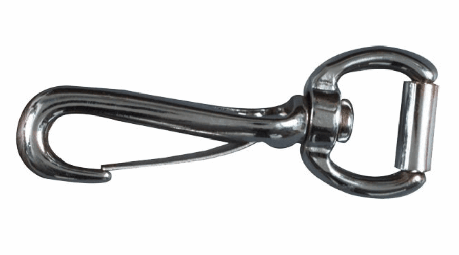 A nickel-plated spring snap with a flat swivel end and a roller.