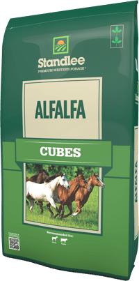 A bag of Standlee Alfalfa Cubes featuring an image of horses running in a field.