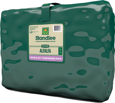 A shrink-wrapped, compressed bale of Standlee premium alfalfa forage with a product label.