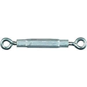 A 5/16 inch by 9 inch galvanized steel turnbuckle with an eye-to-eye configuration.
