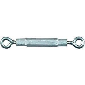 A galvanized steel turnbuckle with an eye-to-eye configuration.
