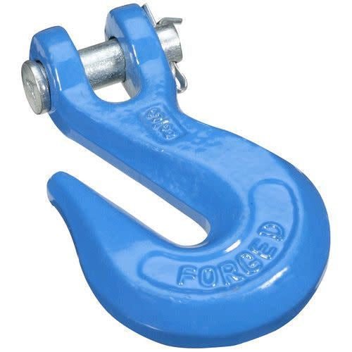 A blue forged steel clevis grab hook with a removable pin and cotter pin.