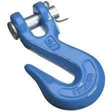 A blue Stanley clevis grab hook for 5/16 inch chain with a removable pin.