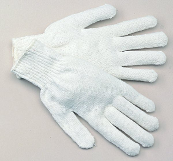 A pair of white cotton and polyester string knit gloves with ribbed cuffs.