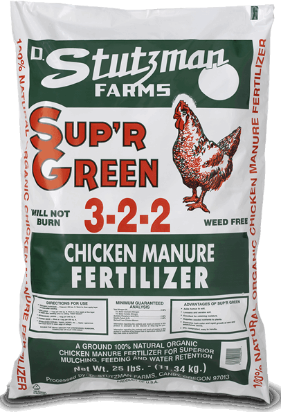 A 25-pound bag of Stutzman Farms Sup'r Green 3-2-2 organic chicken manure fertilizer.