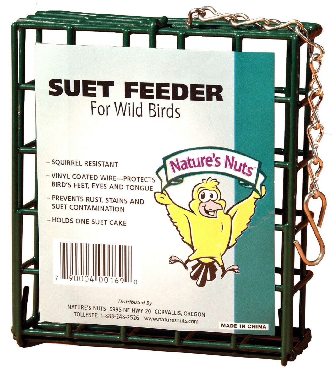 A green vinyl-coated wire suet feeder for wild birds with a hanging chain and hook.