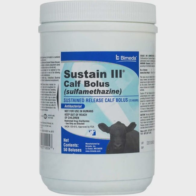 A white plastic container of Sustain III Calf Bolus containing 50 boluses for calves.
