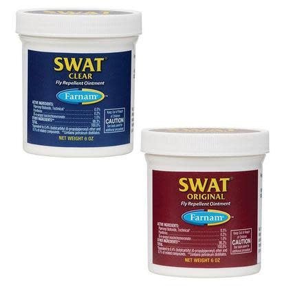 Two jars of Farnam Swat fly repellent ointment, one in clear and one in original pink.