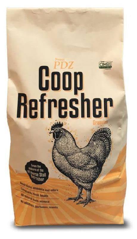 A ten-pound bag of Sweet PDZ Coop Refresher featuring an illustration of a chicken.