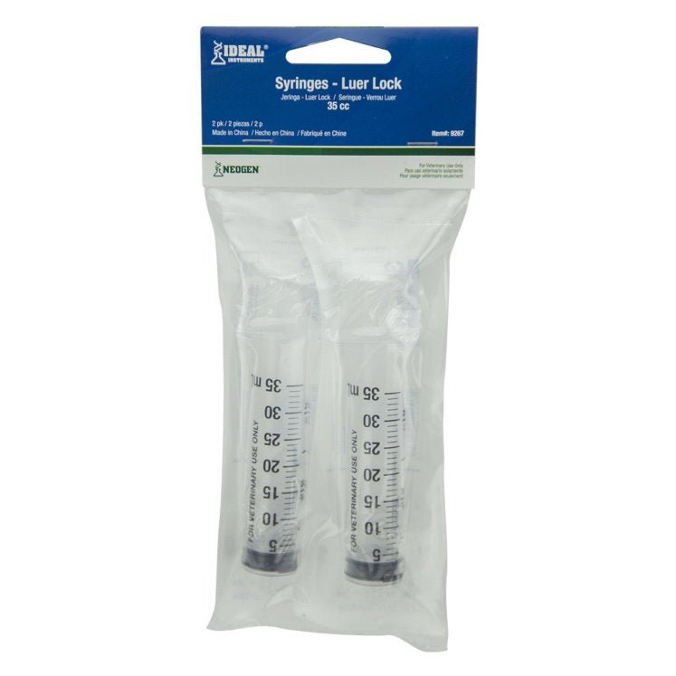A two-pack of 35cc Luer Lock veterinary syringes in clear plastic packaging.