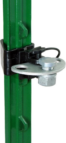 A black plastic and metal 3-way gate connector attached to a green metal T-post.