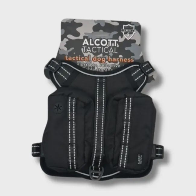 A black tactical dog harness in size small with reflective trim and two storage pouches.