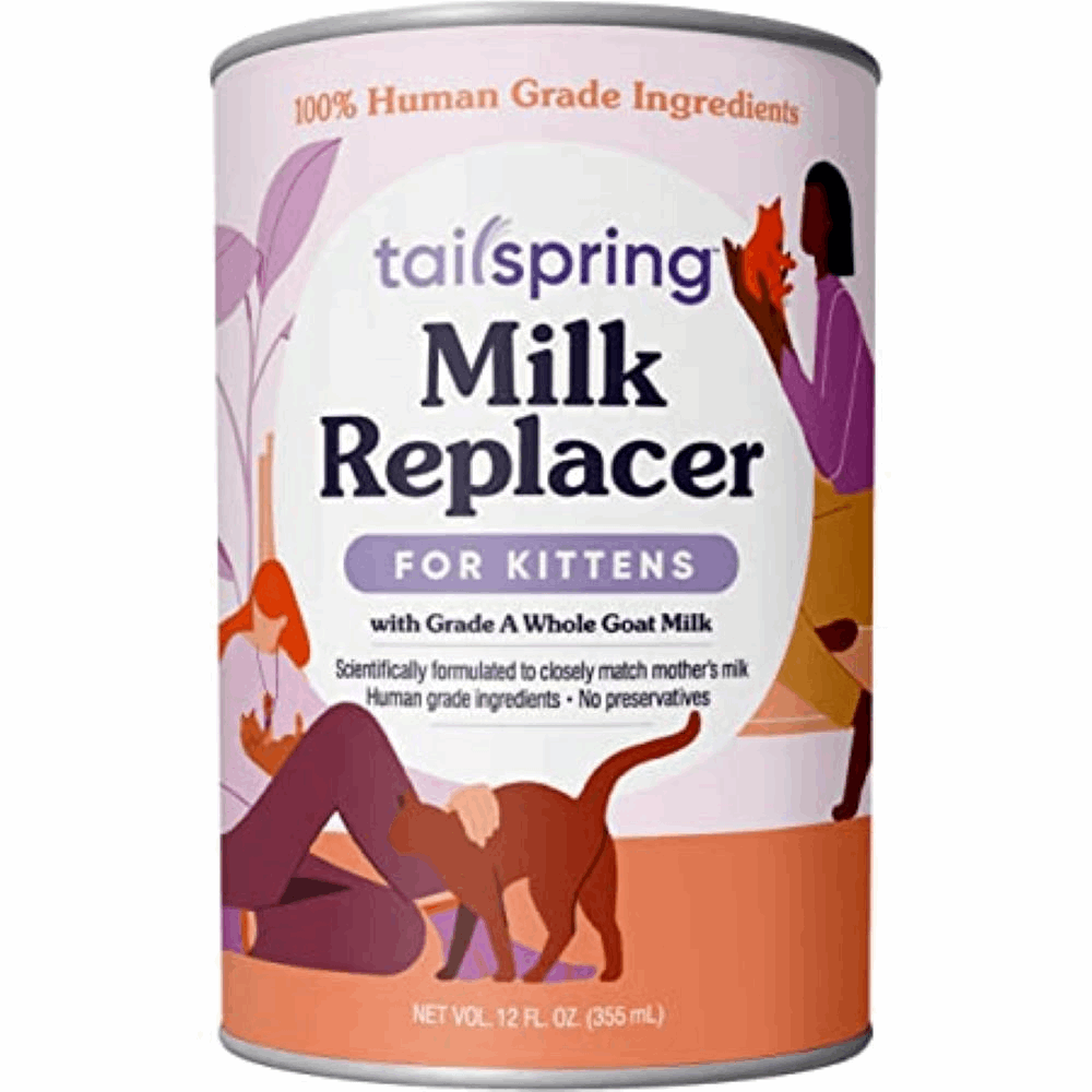 A 12 fluid ounce can of TailSpring liquid milk replacer for kittens.