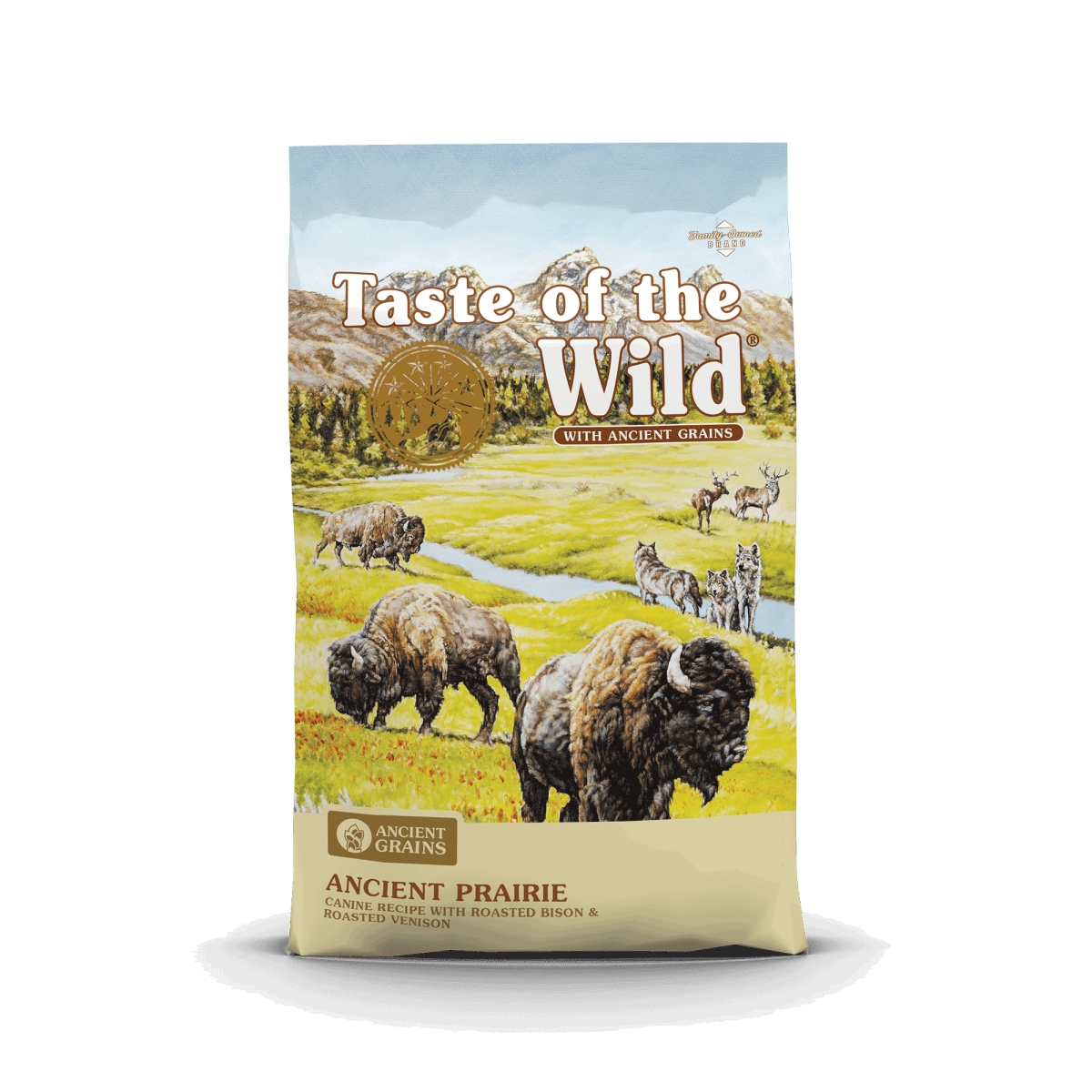 A bag of Taste of the Wild Ancient Prairie dog food featuring illustrations of bison and wolves.