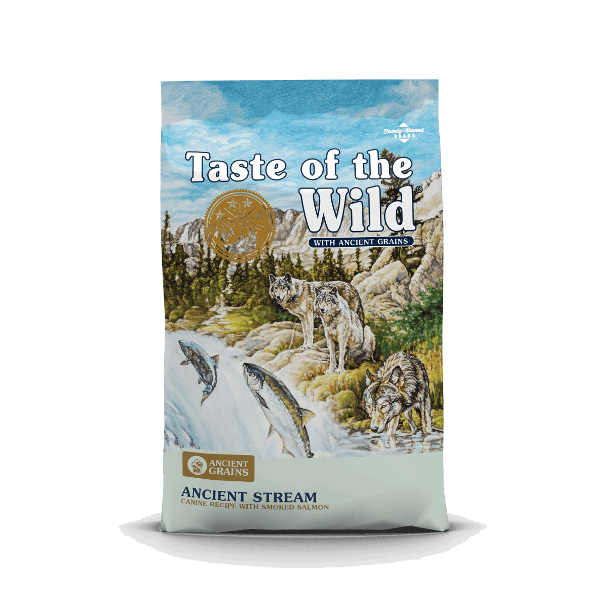 A bag of Taste of the Wild Ancient Stream dog food featuring an illustration of wolves and salmon.