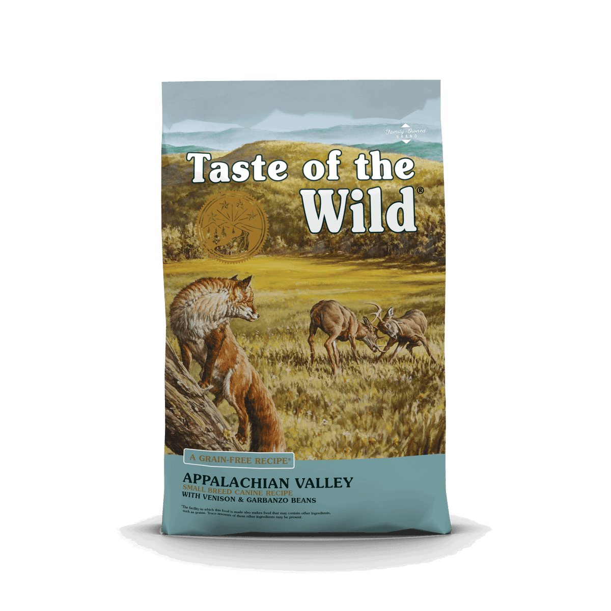 A bag of Taste of the Wild Appalachian Valley small breed dog food featuring a nature scene.
