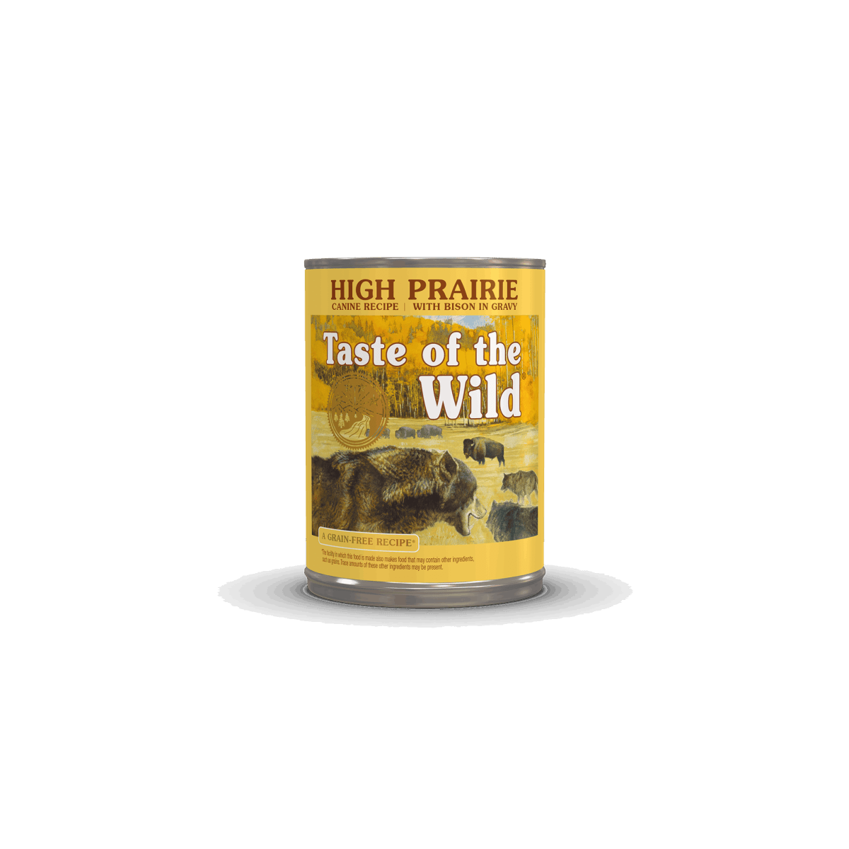 A can of Taste of the Wild High Prairie canine recipe with bison in gravy.