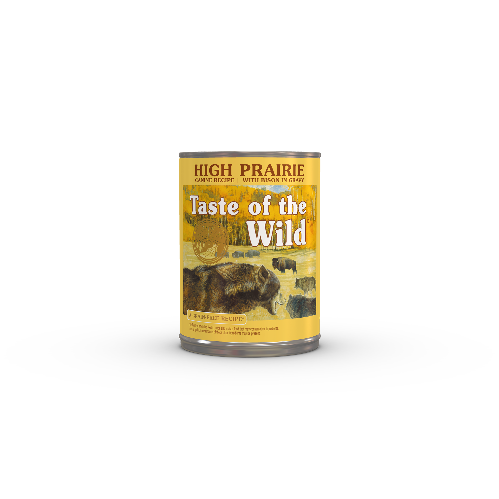 A can of Taste of the Wild High Prairie canine recipe with bison in gravy.
