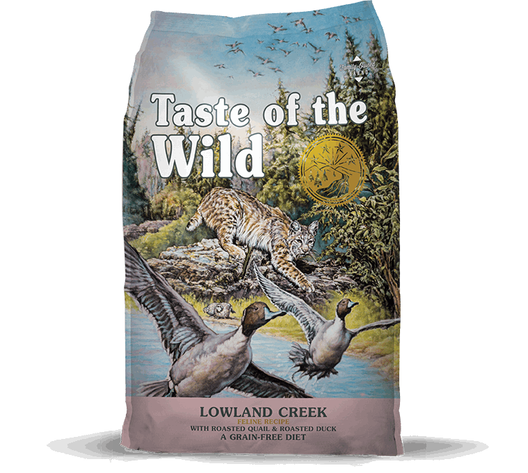 A bag of Taste of the Wild Lowland Creek feline cat food featuring a bobcat and ducks.