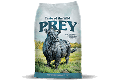A bag of Taste of the Wild Prey Angus Beef formula dog food featuring an illustration of a cow.