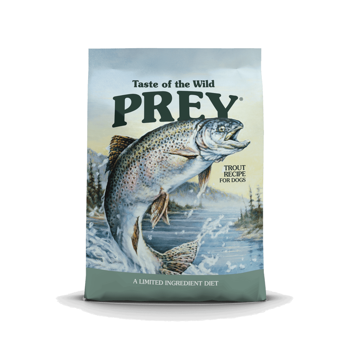 A bag of Taste of the Wild Prey trout recipe dog food featuring an illustration of a jumping fish.