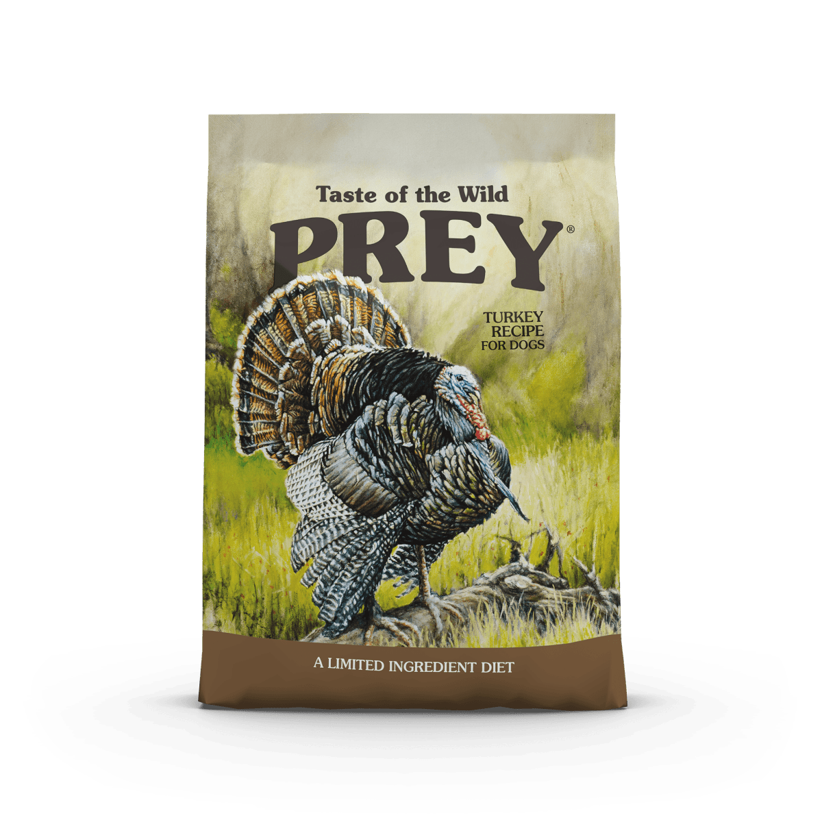 A bag of Taste of the Wild Prey turkey recipe dog food featuring an illustration of a turkey.