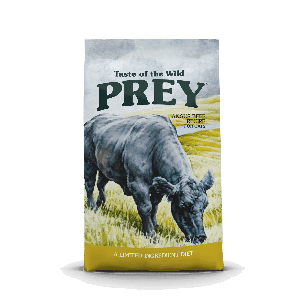 A bag of Taste of the Wild Prey Angus Beef recipe cat food featuring an illustration of a cow.