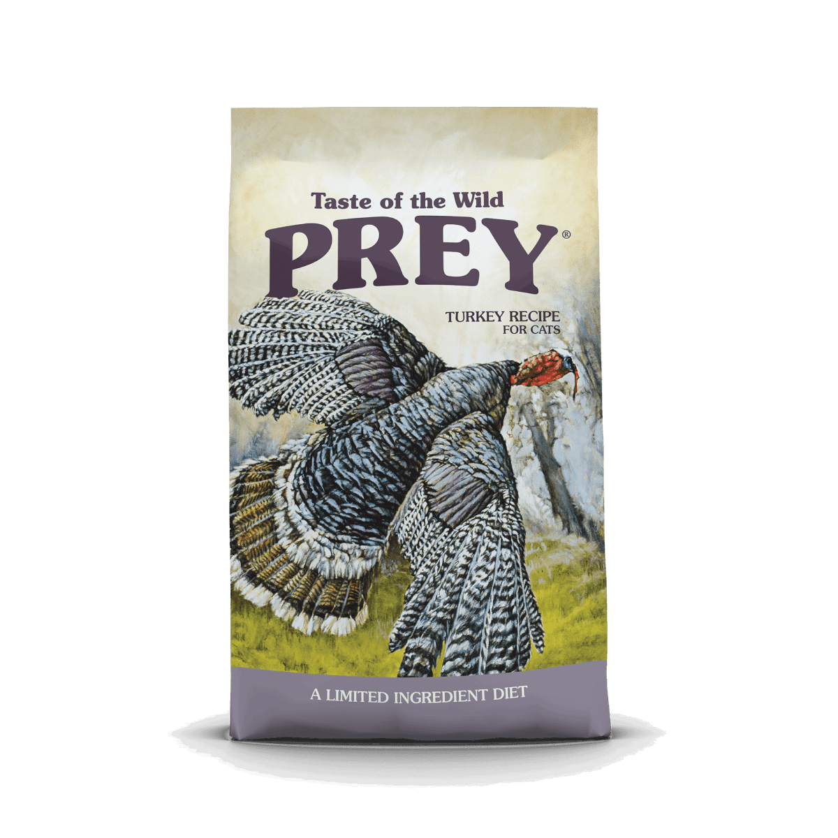 A bag of Taste of the Wild Prey turkey recipe cat food featuring an illustration of a turkey.