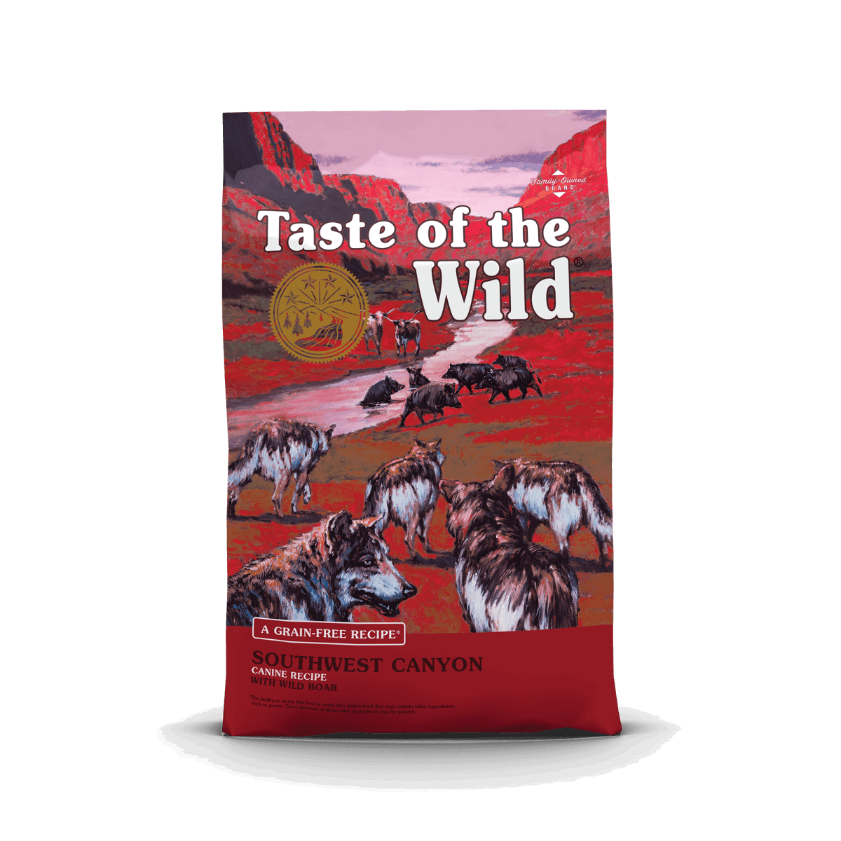 A bag of Taste of the Wild Southwest Canyon grain-free dog food featuring a wild boar illustration.