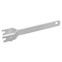 A white metal tension handle with a forked end and a square hole at the opposite tip.