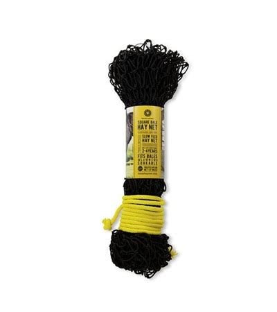 A black nylon square bale hay net with a yellow drawstring, wrapped in a product label.