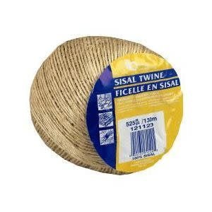 A ball of natural tan twisted sisal twine with a yellow and blue product label.
