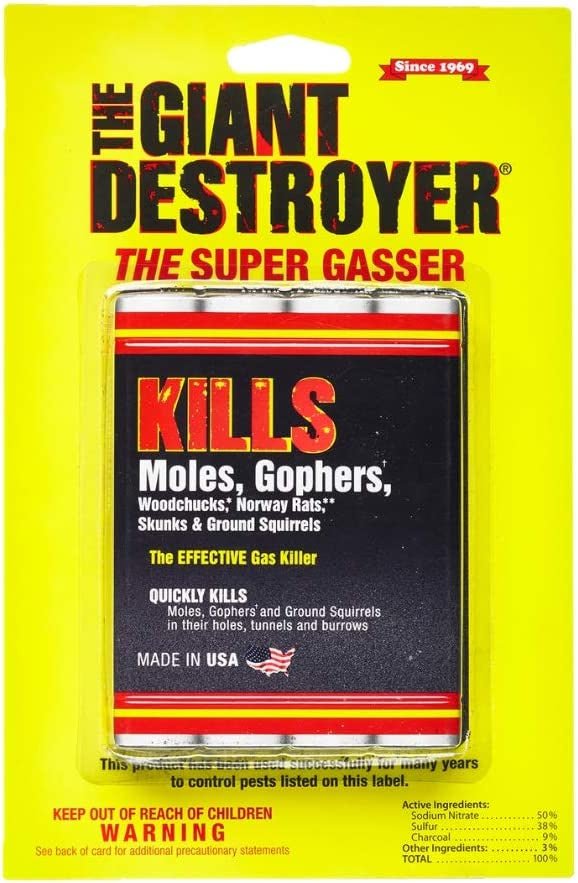 A four-pack of The Giant Destroyer Super Gasser rodenticide in its yellow retail packaging.
