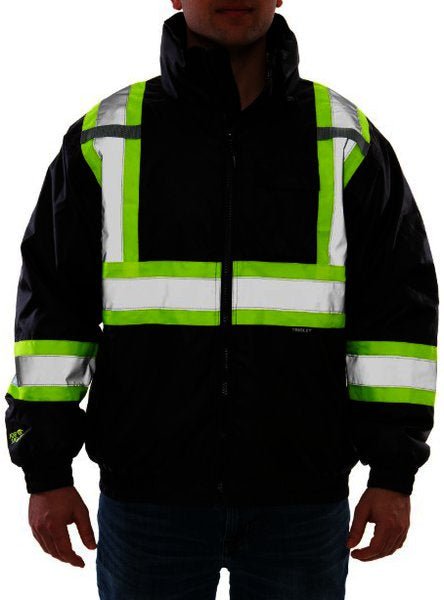 A black insulated bomber jacket with yellow and silver reflective stripes on the chest and arms.