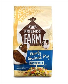 A bag of Tiny Friends Farm Gerty Guinea Pig Tasty Mix featuring two guinea pigs.