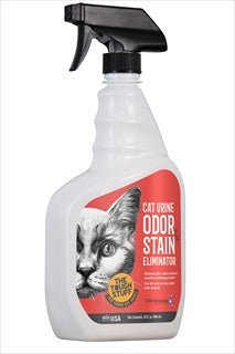 A white spray bottle of Tough Stuff cat urine odor and stain eliminator.