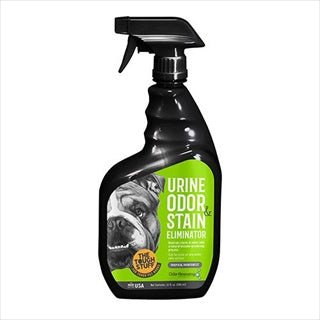 A 32-ounce spray bottle of Tough Stuff urine odor and stain eliminator in tropical rainforest scent.