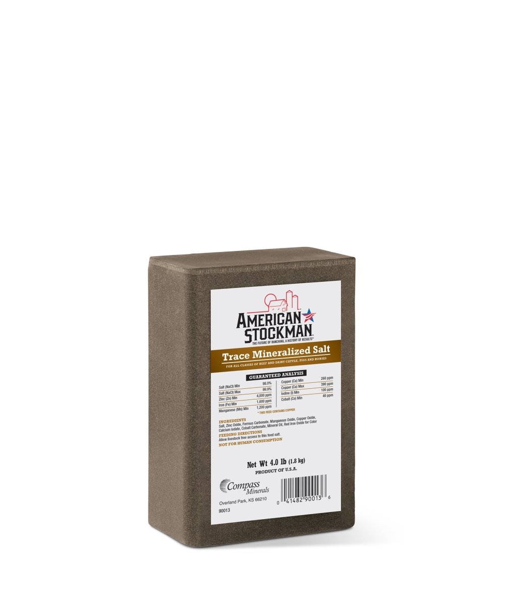 A four-pound block of American Stockman trace mineralized salt for livestock.
