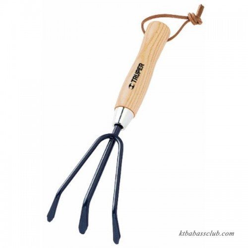 A Truper hand cultivator with a three-pronged steel head and a wooden handle with a leather loop.