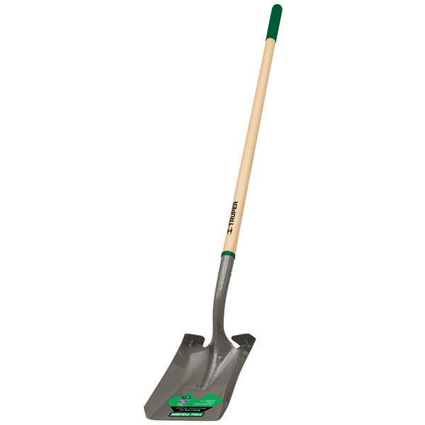 Truper square point shovel with a sturdy ash wood handle and a green cushion grip.