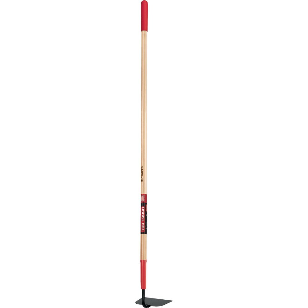 A Truper garden hoe with a long wooden handle and a gray steel blade.