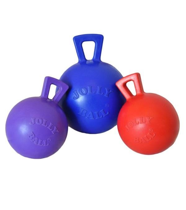 Three Tug-N-Toss Jolly Balls in purple, blue, and red, each featuring an integrated handle.