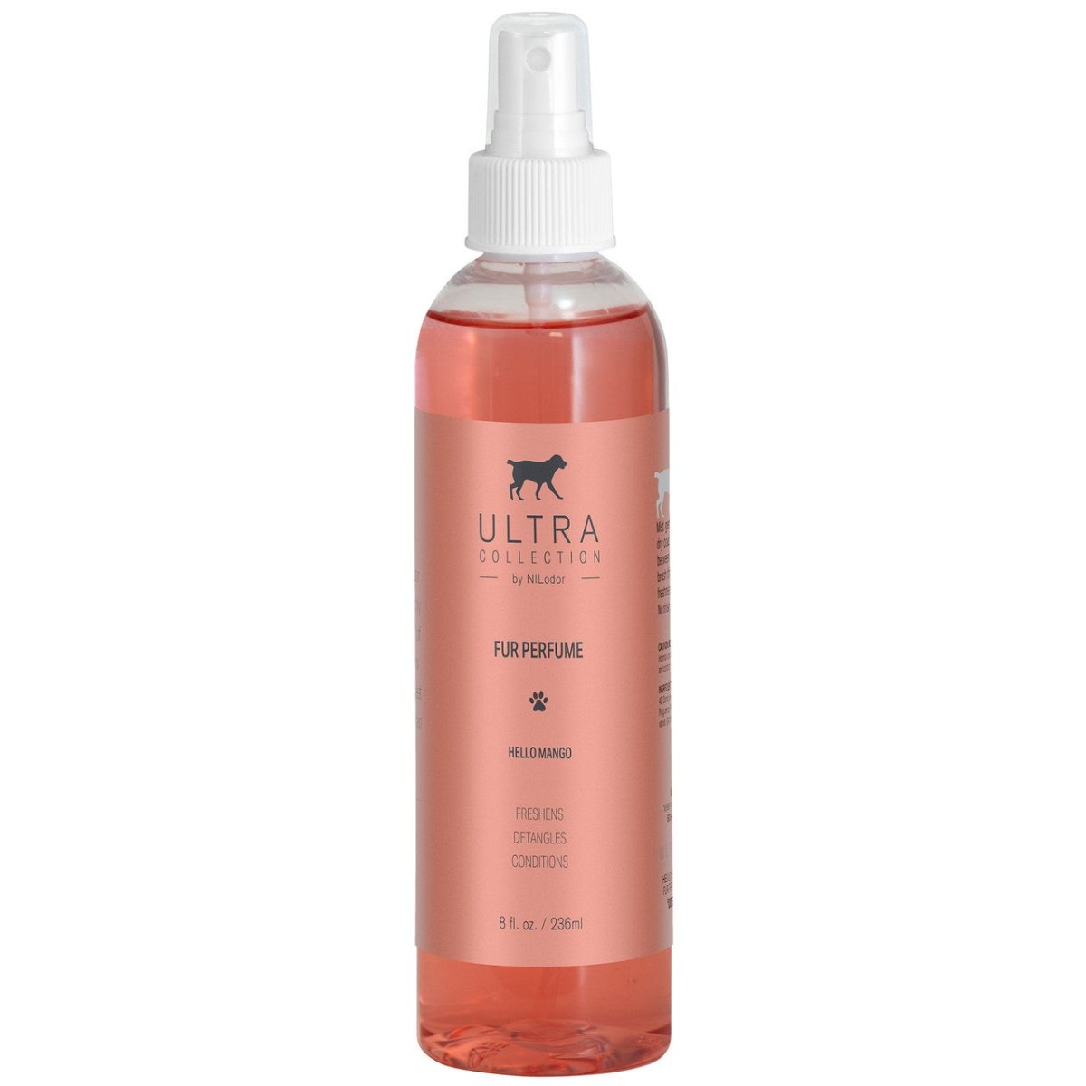 A bottle of Ultra Collection Hello Mango fur perfume spray in a clear 8 fluid ounce container.