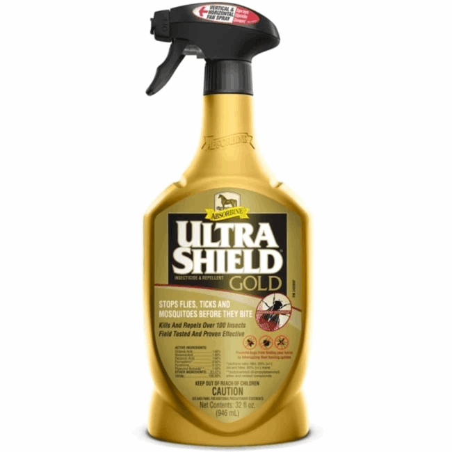 A 32-ounce gold spray bottle of Ultrashield Gold fly repellant for horses.